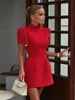 Sexy Backless Hollow Out 3d Bow Mini Dress Elegant Solid Short Sleeve High Waist A Line Short Dresses Autumn New Lady Party Robe 4