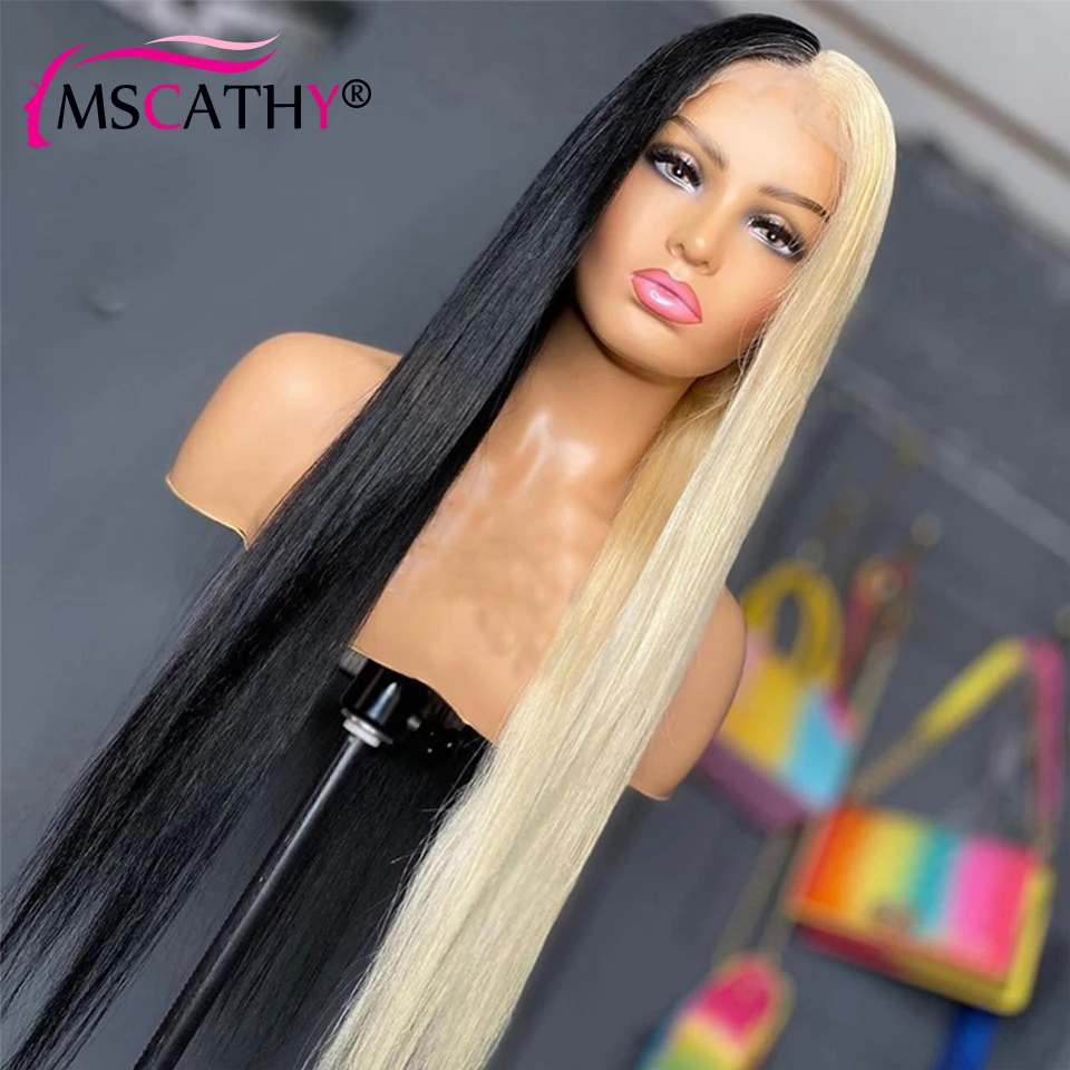 Long Straight Black Half Red Lace Front Wigs 613 Blonde Brazilian Human Hair Wigs For Women 4x4 HD Transparent Lace Closure Wig