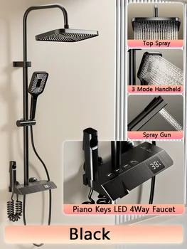 Set di sistemi doccia neri Set di rubinetti per docce in ottone da bagno Set di rubinetti per doccia a pioggia a LED a 4 vie digitale Set di doccia a pioggia con chiave per pianoforte caldo e freddo 1