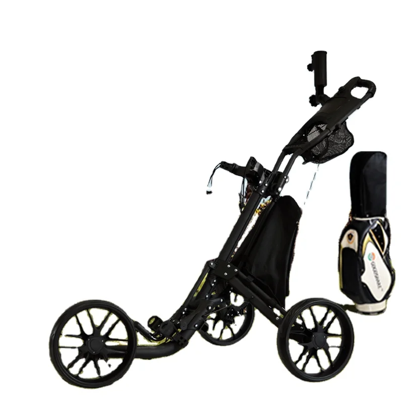 Factory Stainless Steel 3-Wheel Golf Push Trolley Cart Easy to Carry and Foldable with Umbrella Drink Holder