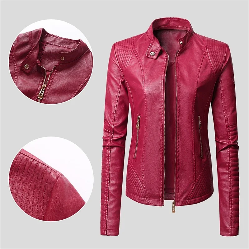 

Pu Leather Motorcycle Lapel Jacket for Women Solid Color Long Sleeve Zipper Coats Fashion Slim Fit Outwear 2023 Female Tops 2Xl