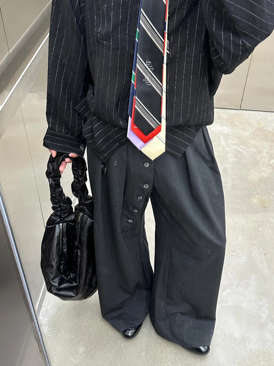 REDDACHiC Men Buttoned Pleated Front Suit Trousers Cleanfit Black Elastic Waist Wide Leg Dress Pants Office Work Casual Clothes