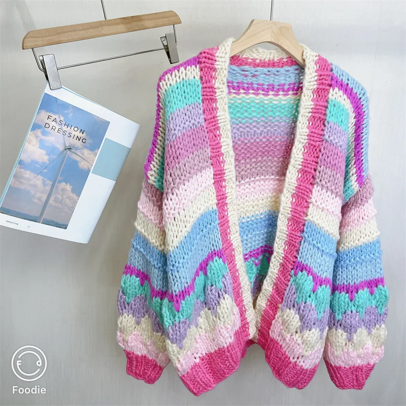 Multi Color Knit Cardigan Striped Handknit Knit Sweater