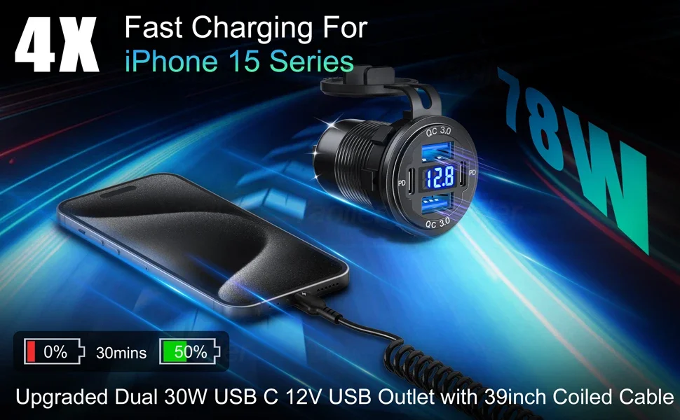 Usb C Pd3.0 Qc3.0 Caricabatterie Auto USB-C E QC 3.0 | Doppia Porta | Voltmetro | Interruttore | 12V/24V Voltmetro Integrato - Foto 9