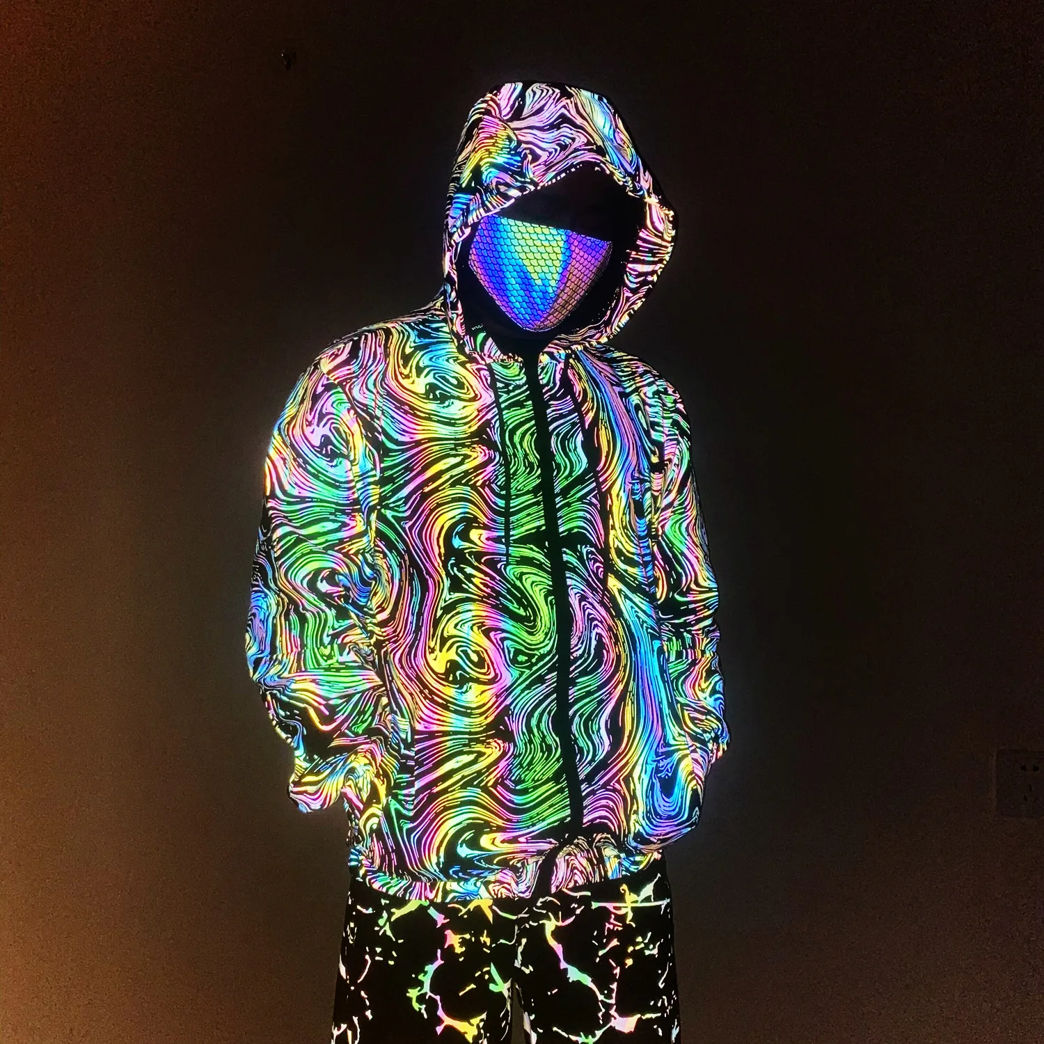 2022 Rainbow Color Reflective Knitted Jacket Men Women Nightclub Hip Hop  Breathable Hooded Jackets And Coats