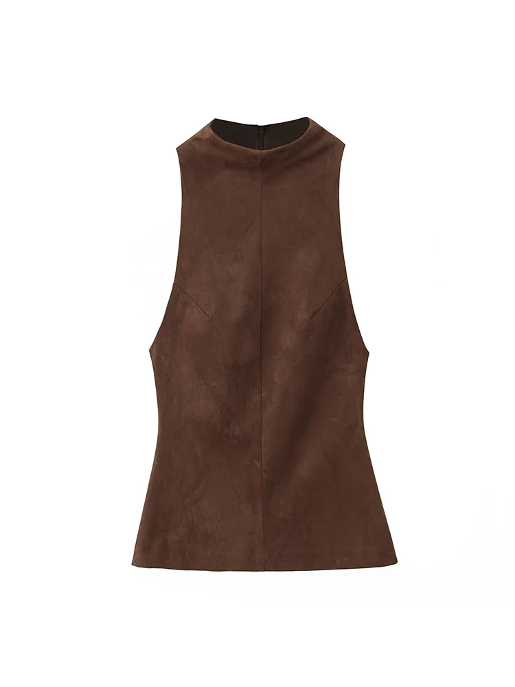 Spring Autumn Women Temperament Vest Solid Colotr Turtleneck Sleeveless Slim Fit Top Fashion Female Suede Tank Top 2026 New