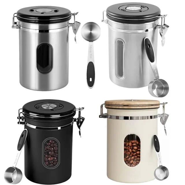 1.8L Coffee Canister Stainless Steel Sealed Coffee Container with Date Tracker and Transparent Window Kitchen Food Storage Can