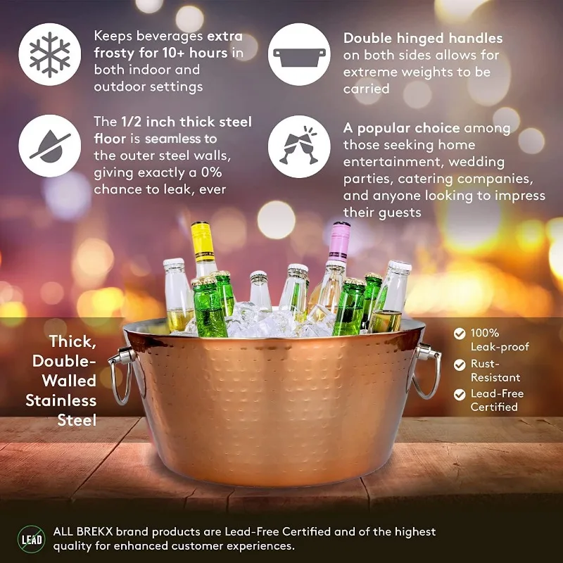Insulated Rose Gold Double Walled Ice Bucket for Parties, Anchored Wine Bucket/Large Ice Bucket with Handles, Drink Cooler for