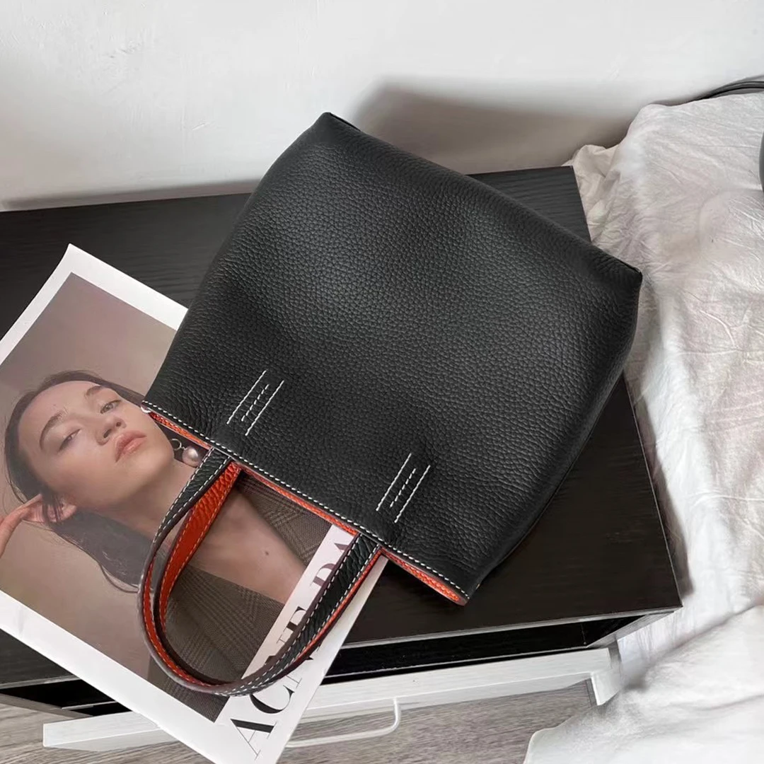 Double Sided Leather Tote Bag Small Shopping Bag Single Shoulder Crossbody Bag Handbag Women's Soft Top Layer Cowhide