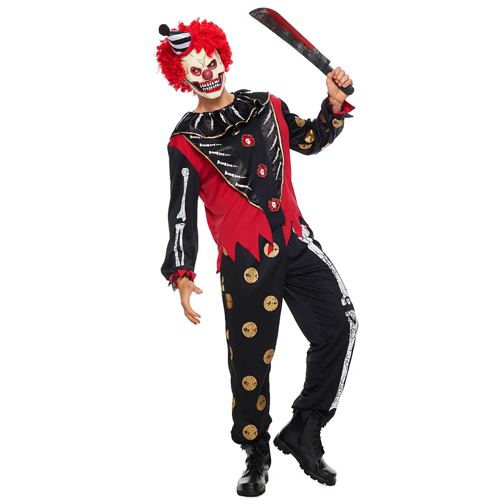 Men Scary Skeleton Circus Clown Halloween Costume Droll Joker Horror Mask Carnival Stage Show Cosplay Set Bone Skull Party Dress