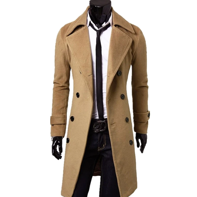 New Winter Casual Trench Coat Men Mid-Length British Slim Jacket Double-Breasted Solid Color Male Trench Coat Long Coat Men 2023