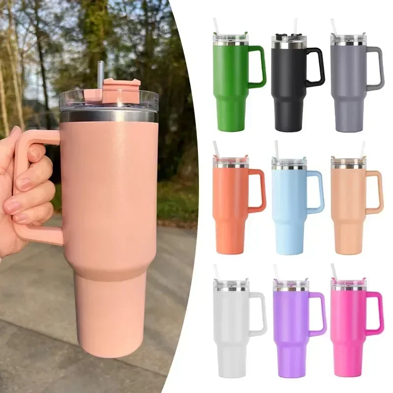 1200ML 304 Stainless Steel Insulated Water Bottle,40oz Thermal Coffee Car Cup, Cold Hot Mugs Vacuum Flask With Handle Straw,For