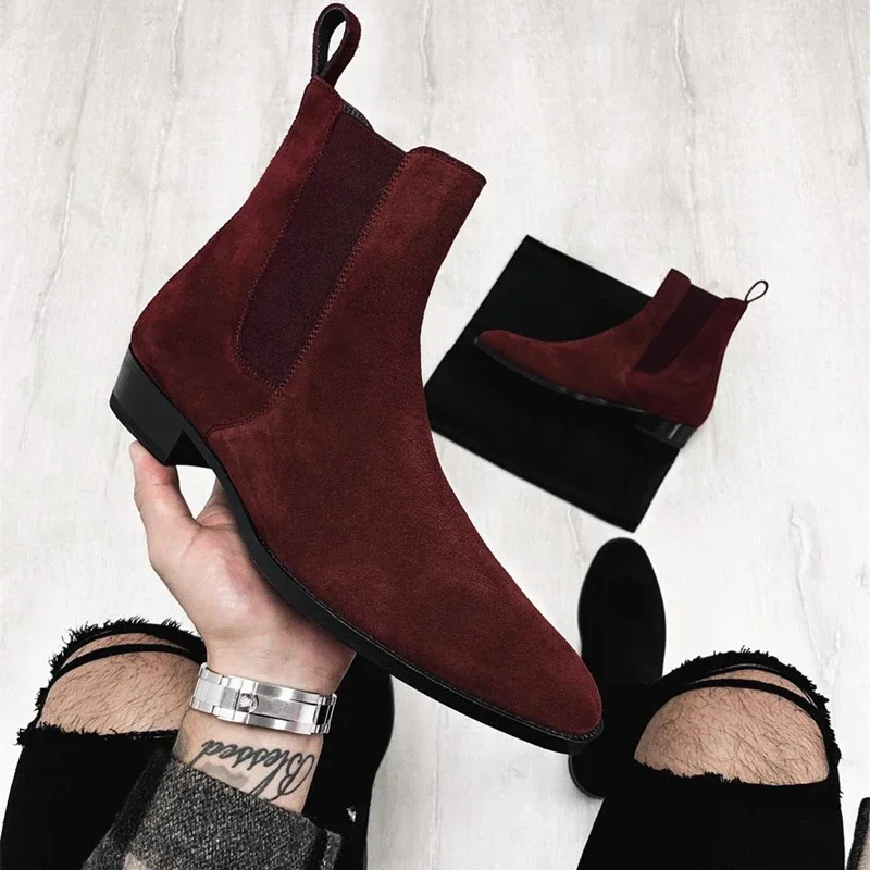 Chelsea Boots Men Red Faux Suede Cowboy Ankle Vintage Boots Slip on Shoes for Men