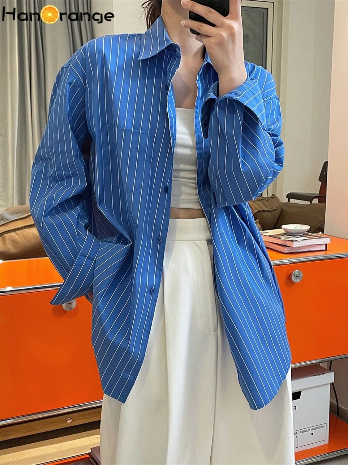 HanOrange 2024 Spring Autumn Refreshing Vertical Striped Lapel Shirt Women Loose Casual Durable Top Female White/Blue внешний hdd a data dashdrive durable hd710 2tb blue ahd710p 2tu31 cbl