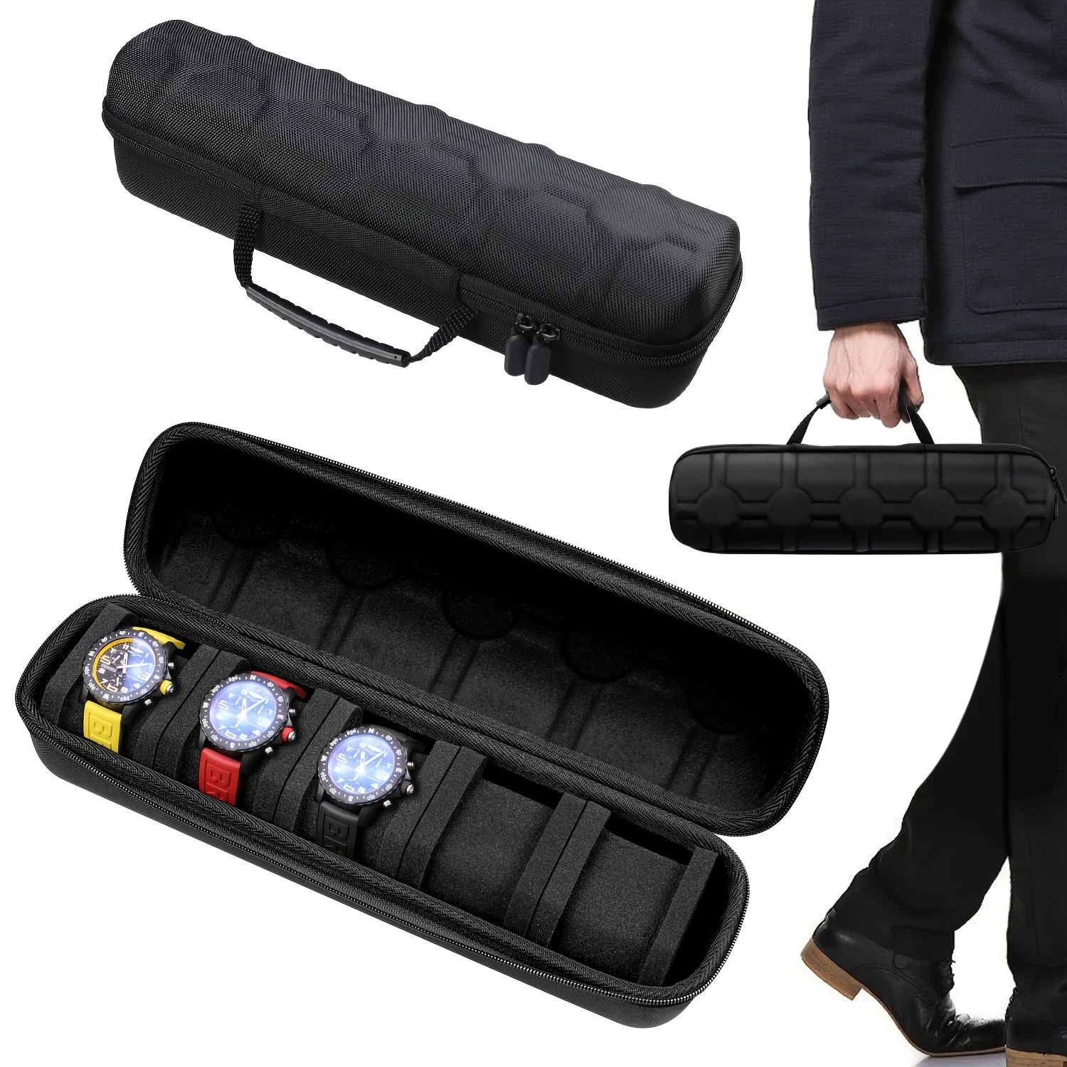1pc 5-Slot Watch Case | Hard Shell Travel Organizer with Pillow Insert - Gift Ready (Black),suitable for smart watch storage