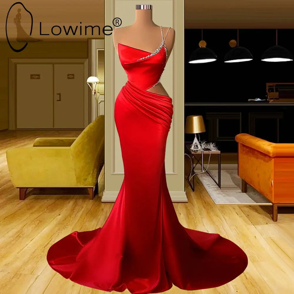 

Sexy Red One Shoulder Long Prom Dresses Beaded Evening Gowns Pleats Birthday Party Cut Out Formal Dresses Robe De Soiree