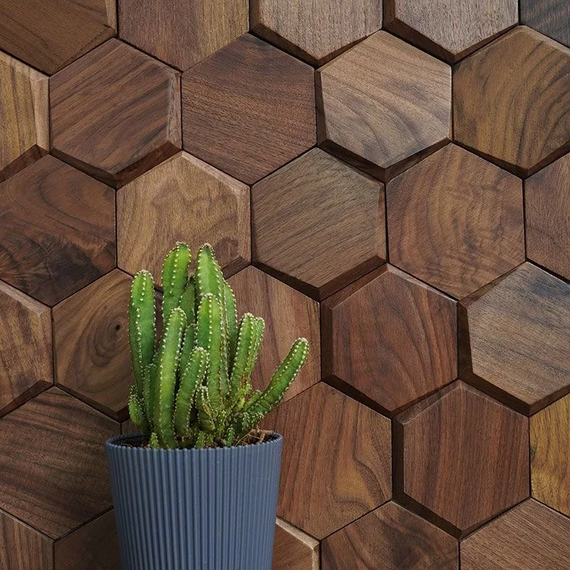 3d Wood Wall Mosaic Tile Black Walnut Modern Hexagon Wooden Panel Wall Stickers for Home Office Background Bedroom Decoration