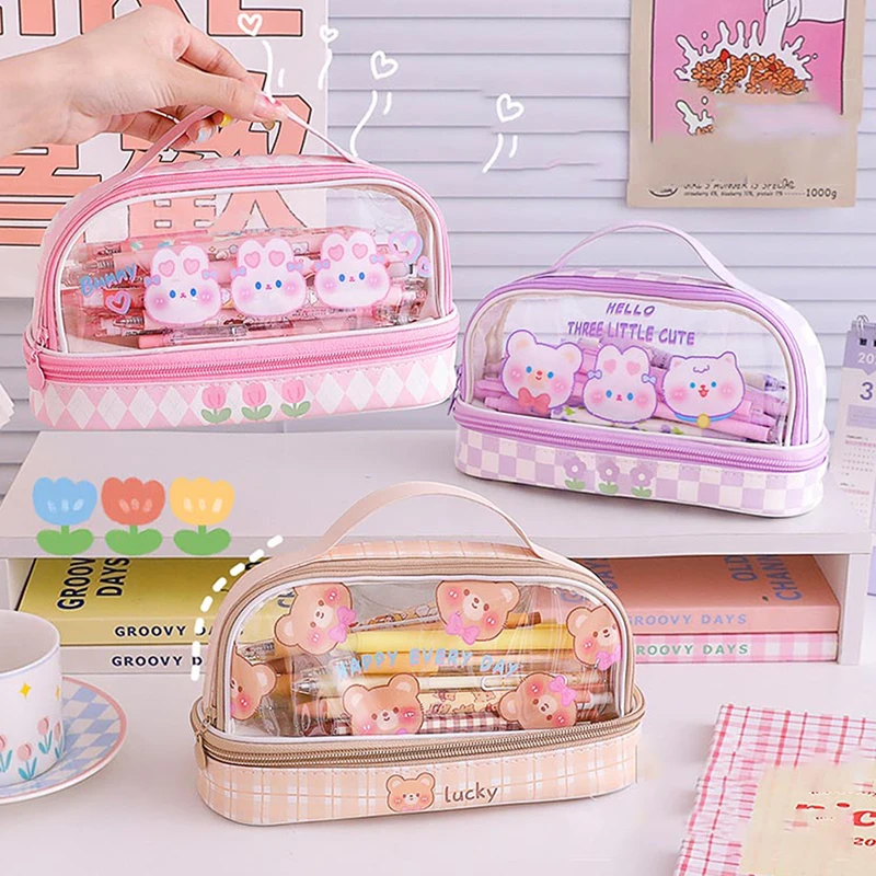 

PVC Cartoon Rabbit Bear Cosmetic Bag Pen Bag Organizer Makeup Storage Pouch Protable Stationery Supplies