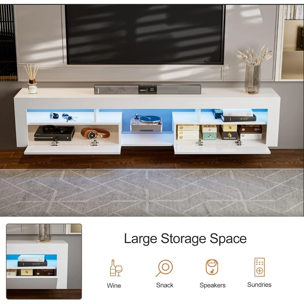 LED Floating TV Stand for 85+ inch TV, White High Glossy Wall Mounted Haning TV Stand with 2 Cabinets, Modern Floating En 2