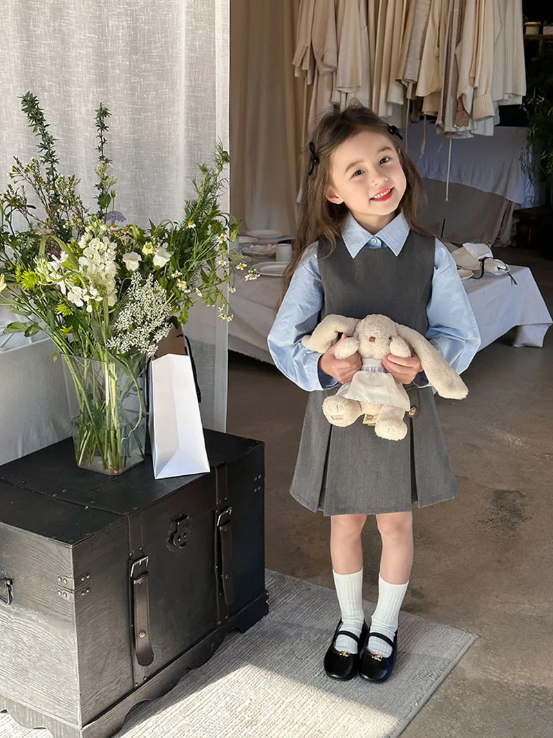 Girls Blue Shirt Grey Vest Dress Autumn Outfit