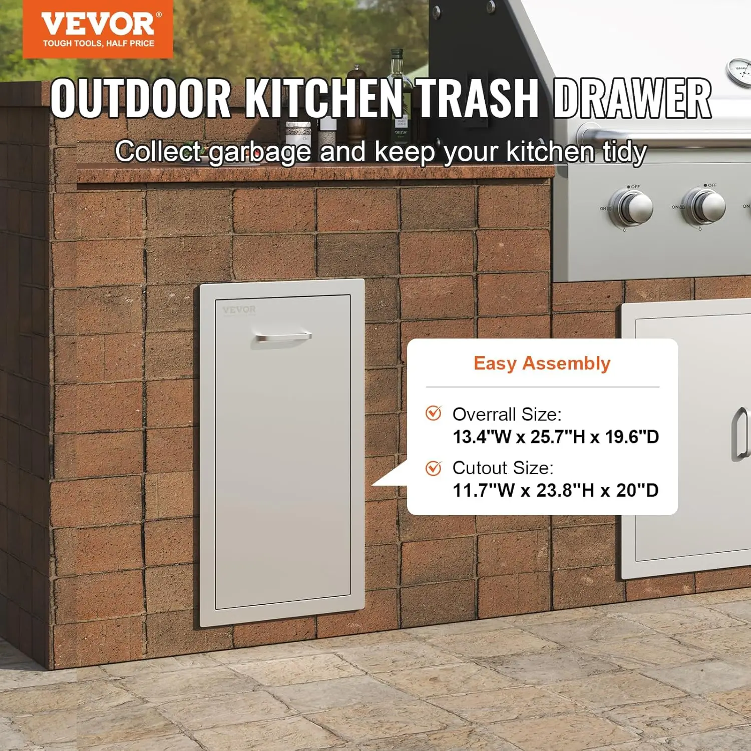 Pull Out Trash Drawer 13.4"W x 25.7"H x 19.6"D Lower Sliding Rails Stainless Steel Roll Out Trash Bin Pull Out Tray Outdoor Kitc 4
