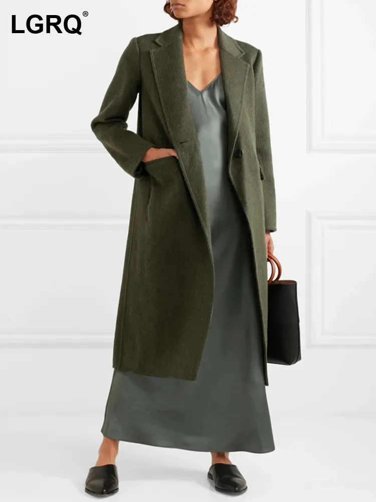 

LGRQ 2024 Fashion Elegant Temperament Solid Color Long Woolen Trench Coat Women Simple Trendy Casual Windbreaker Spring 19F3522
