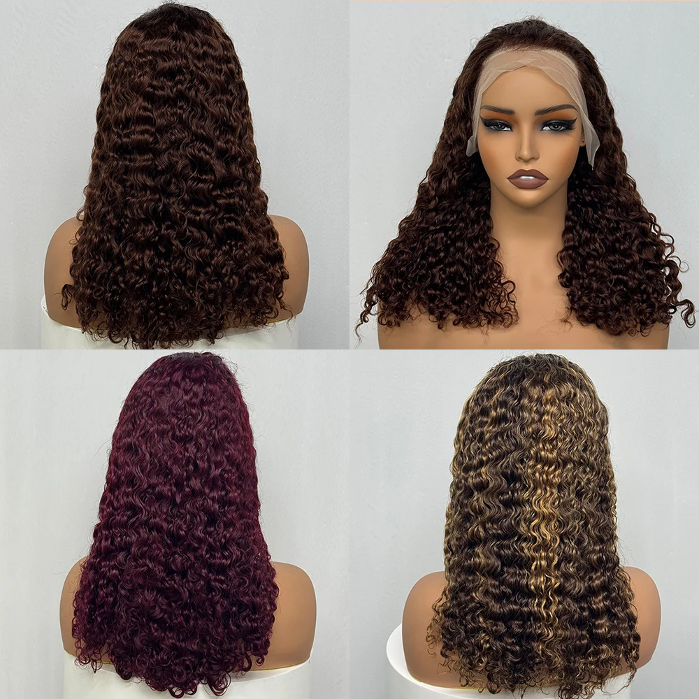 250% Density 20 Inch Chocolate Brown Water Wave Curly Front Human Hair Wigs 13x4 Transparent Lace Frontal Wig 4# Brown 99J Color