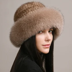 Luxurious Handmade Knitted Mink and Fox Fur Winter Beanie Hat (Light brown)