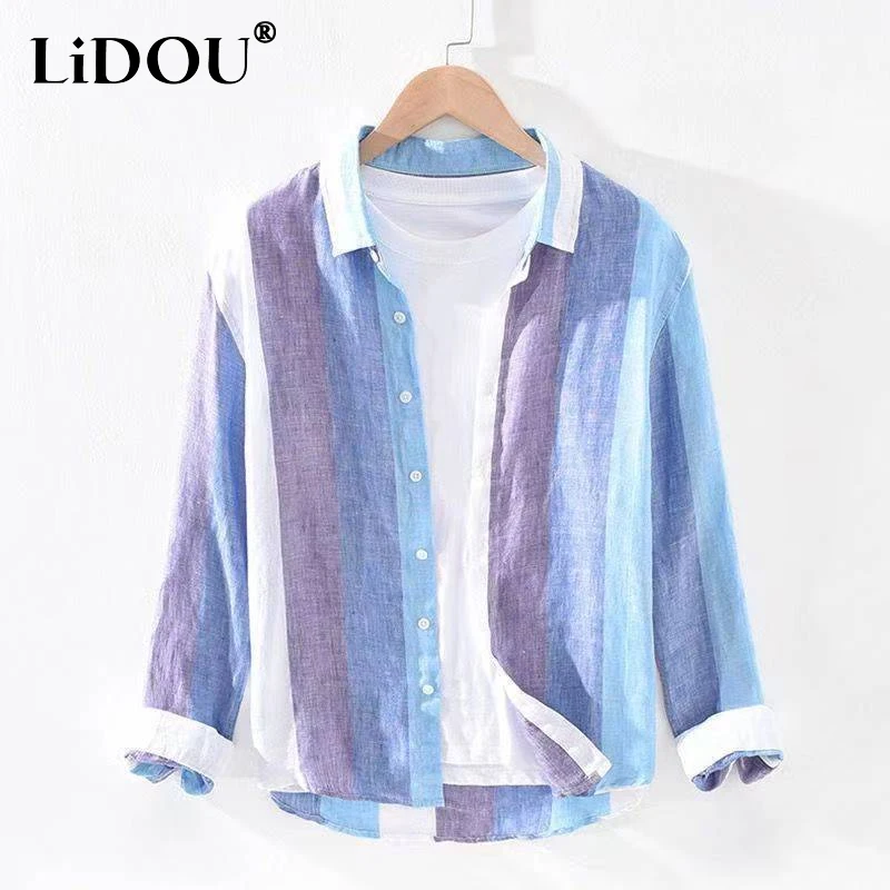 

2023 Spring Autumn Turn-down Collar Long Sleeve Button Fashion Striped Shirt Man Loose Casual Korean Style All-match Cardigan