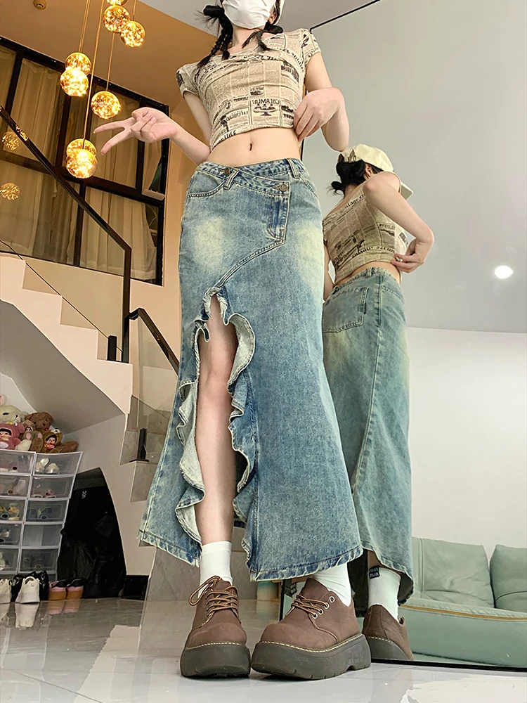 

Women's Mermaid Skirt Clothes Blue Skirt Harajuku Korean Girl Casual Chic Fashion Vintage A-Line Denim Skirt Split Hem Coquette