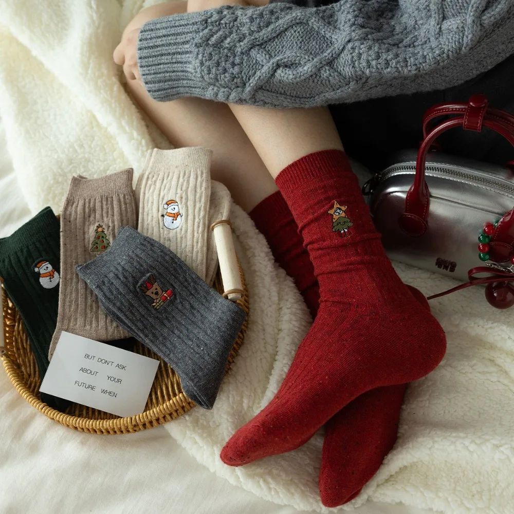 Cotton Christmas Socks for Women with Snowman Embroidery