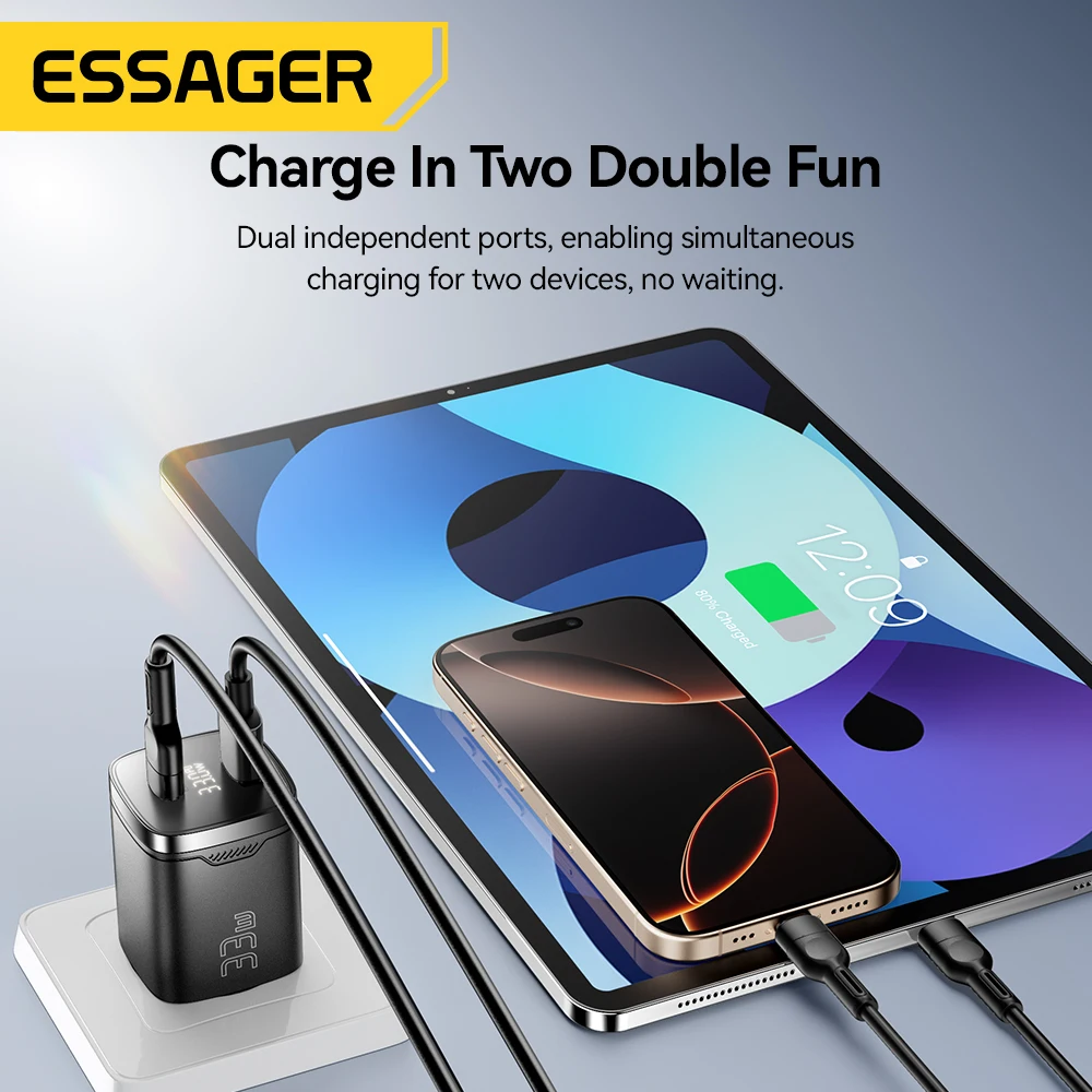 Essager 33W GaN USB Type C Charger Digital Display PD Fast Charging For  iPhone 16 15 14 Pro Max iPad Mini 6 Xiaomi Samsung S22
