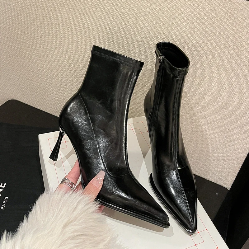 

2023 New Autumn winter Women ankle boots 22-24.5cm Elastic microfiber+pigskin stretch boots pointed toe thin heel skinny boots