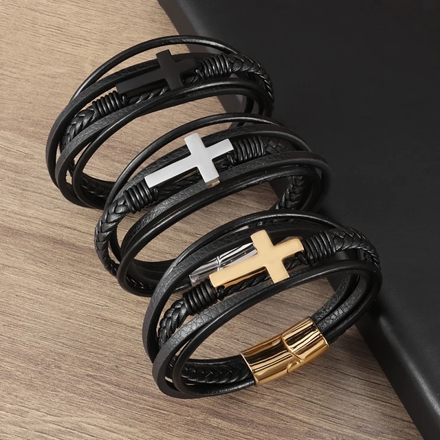 ブレスレット [LANARCH][2180] Black Leather Cross Bracelet Men's Leather Cross Bracelet | Lord's Guidance