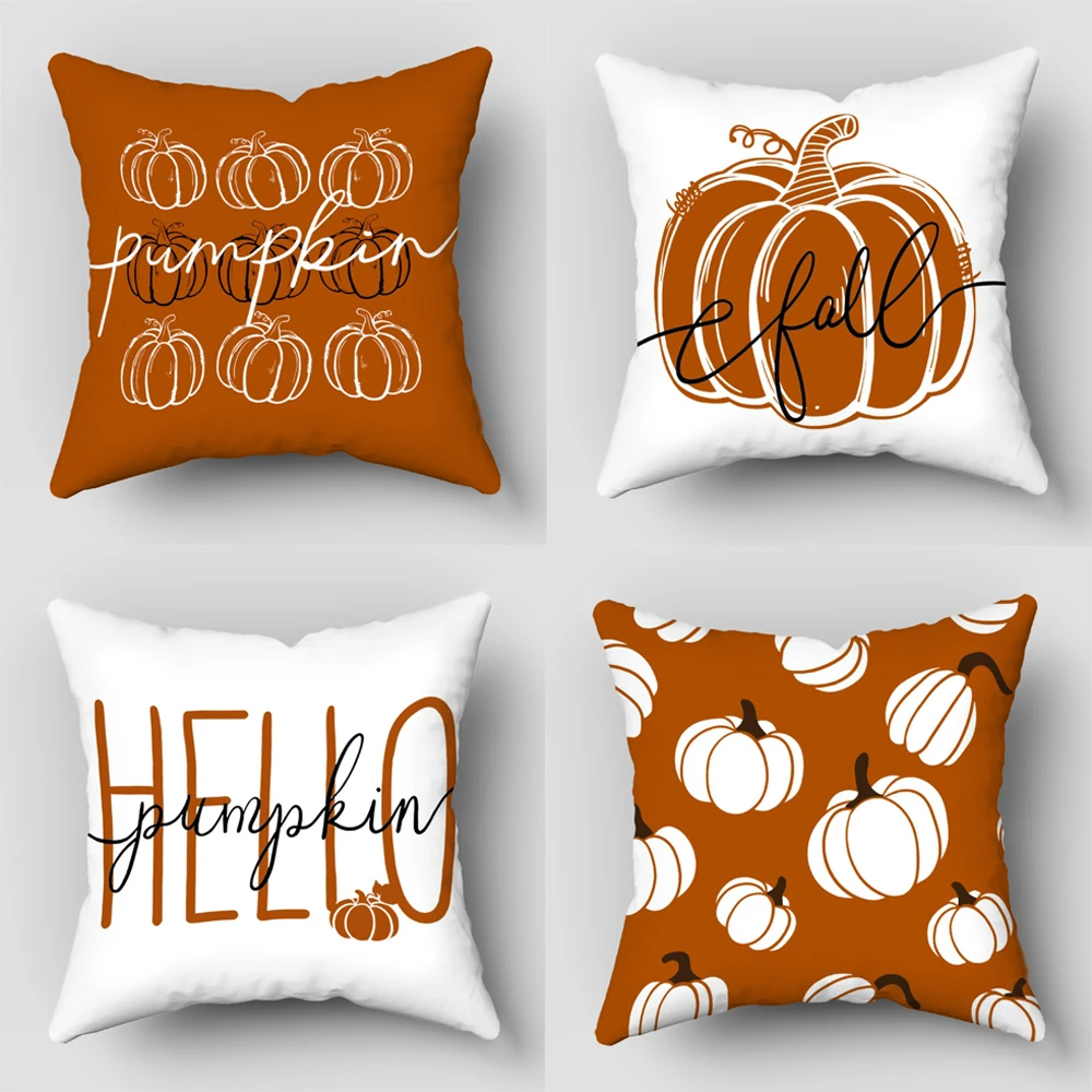 Set of 4 Halloween Throw Pillow Covers - Ghost, Pumpkin, and Bat Designs