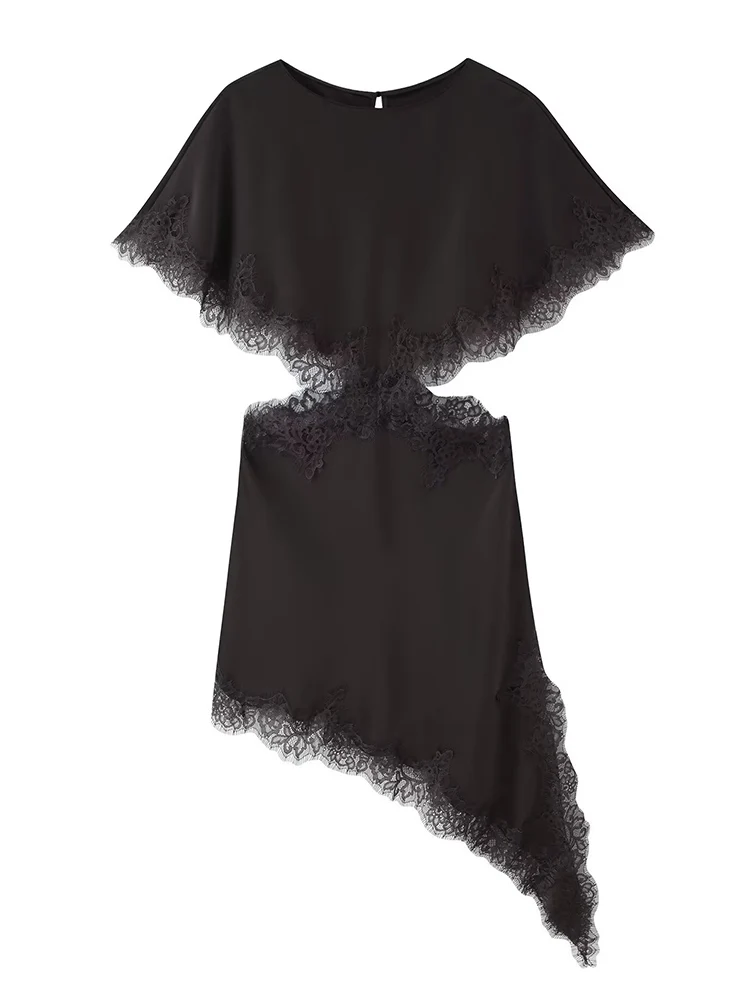 Women Sexy Cut Out Irregular Dresses Lace Spliced Short Sleeve Asymmetric Midi Dresses Solid Female Satin Elegant Party Dress