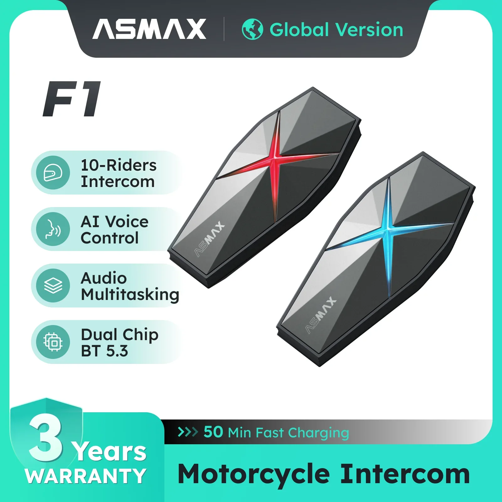 ASMAX F1 Mesh Motorcycle Intercom AI Voice HD 40mm Speakers