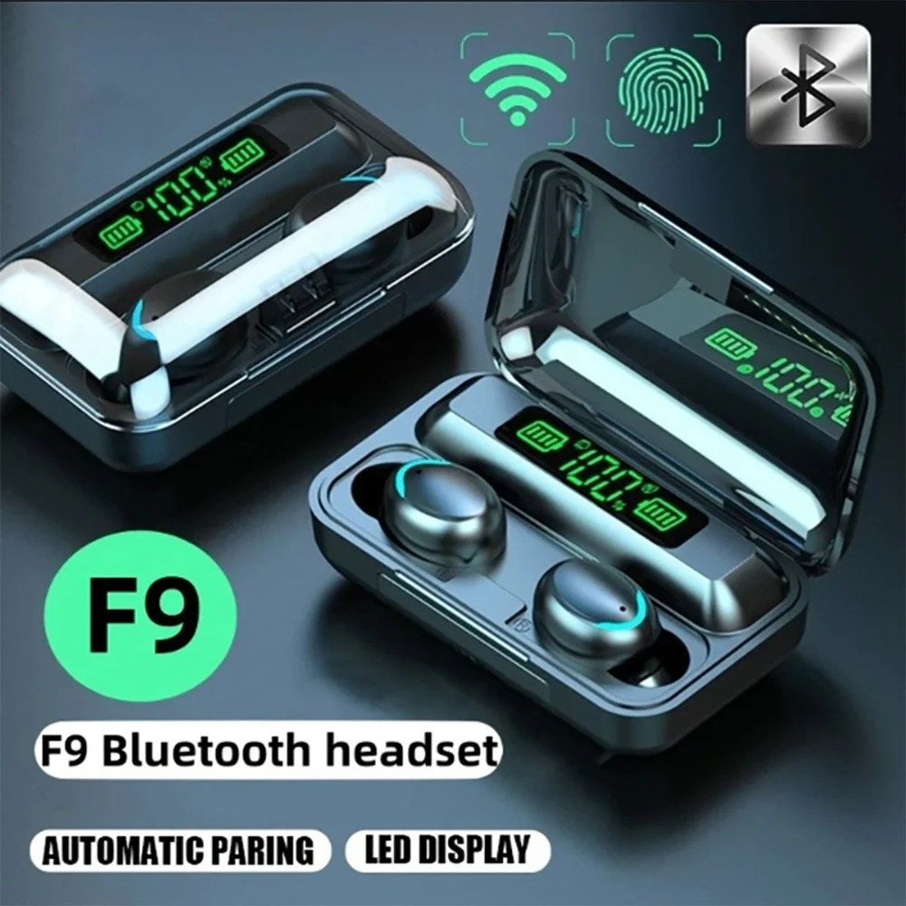 F9 TWS Wireless Bluetooth Headphones Outdoor Sport Earbuds Music Earphones Digital Display Headset Large Capacity Charging Case