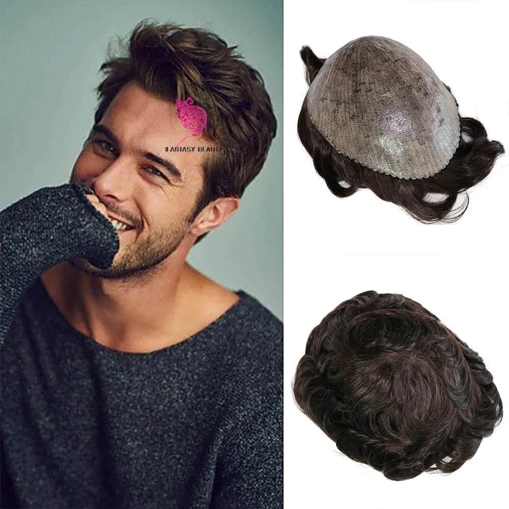 Human hair toupee thin skin full PU Indian hair system men's capillary prosthesis hairpiece unit