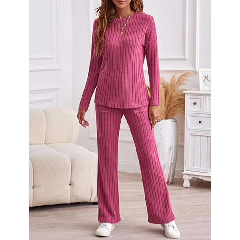 

Autumn and Winter New Women's Pants Sets Casual Knitted Long Sleeved Suit Polyester Sleepwear Set Trousers Sets Two-Piece Set