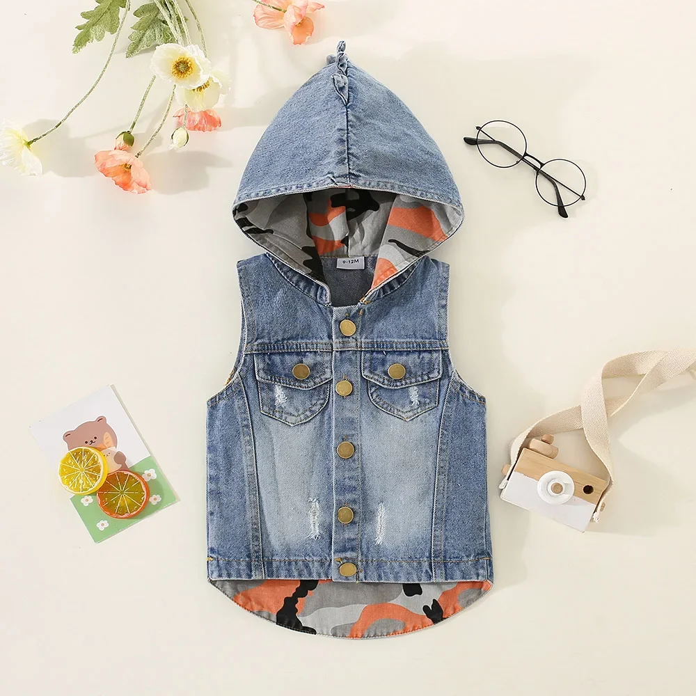 Children's and Boys' Baby Korean Version Loose and Stylish Denim Distressed Vest Spring Autumn Hooded Vest Jacket