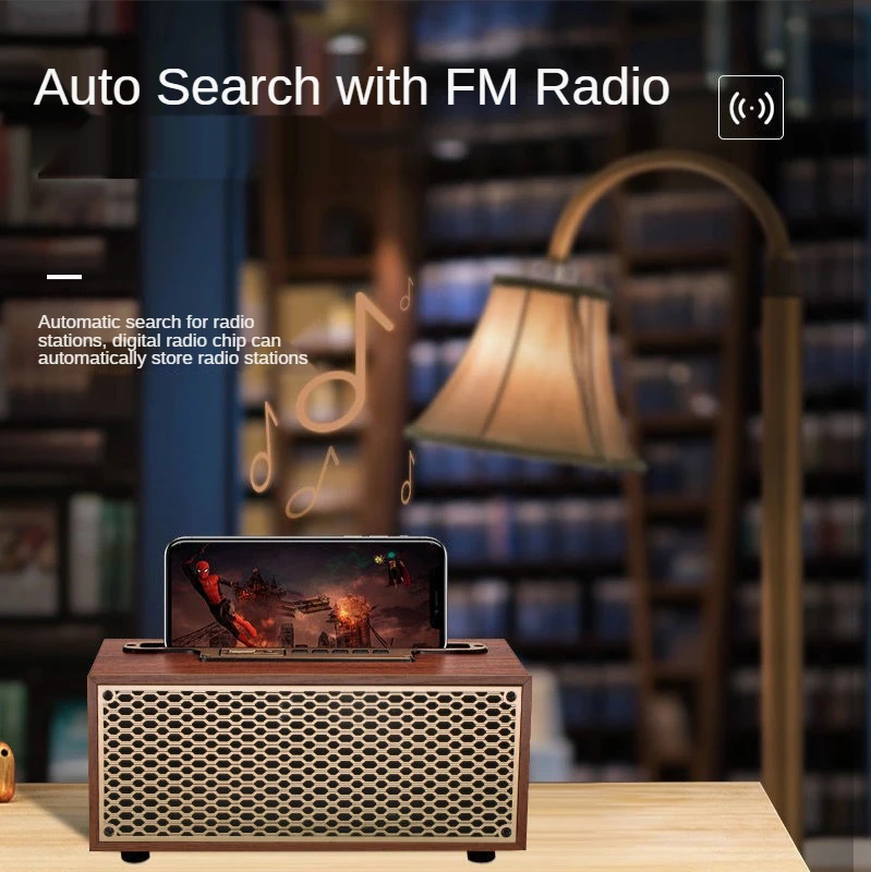 FM/AM Vintage Wood Grain Bluetooth Speaker TWS Wireless Subwoofer Portable Radio Stereo Mobile Phone Stand