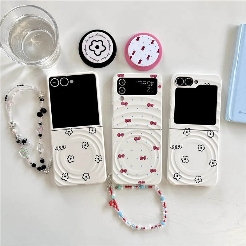 Korean Cute Bow Flower Magnetic Stand Phone Case with Chain - Kawaii Design