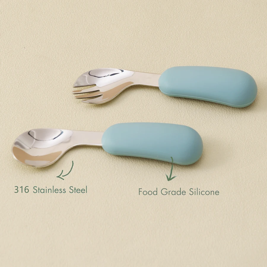 2PCS Baby Silicone Stainless Steel Fork Spoon Feeding Set Portable Kids Training Weaning Tableware Toddler Utensils Baby Stuff 5