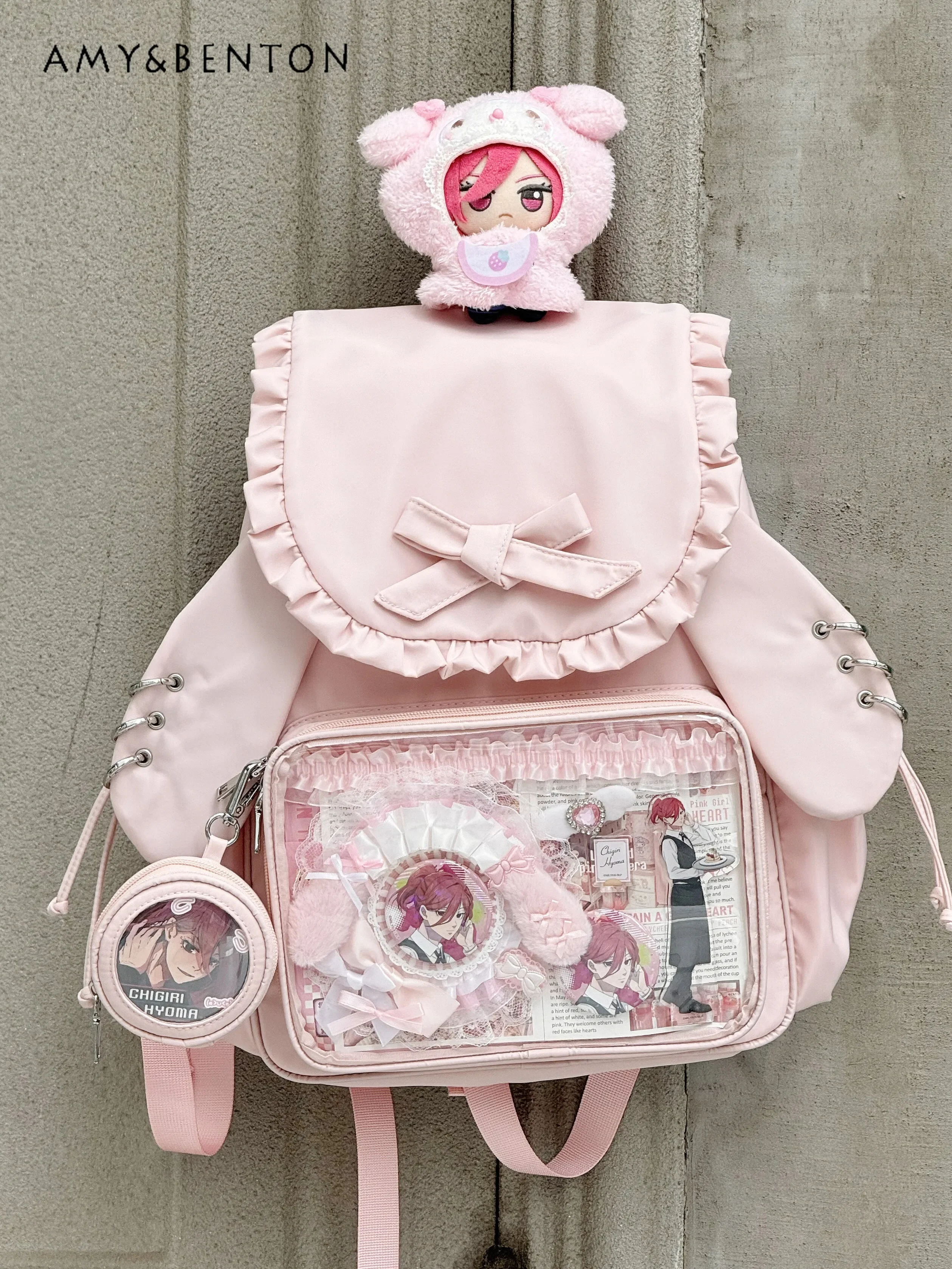 Original Two-dimensional Cute Transparent Large-capacity Backpack Women Sweet Bow Rabbit Ears Bags Preppy Style Kawaii Backpacks