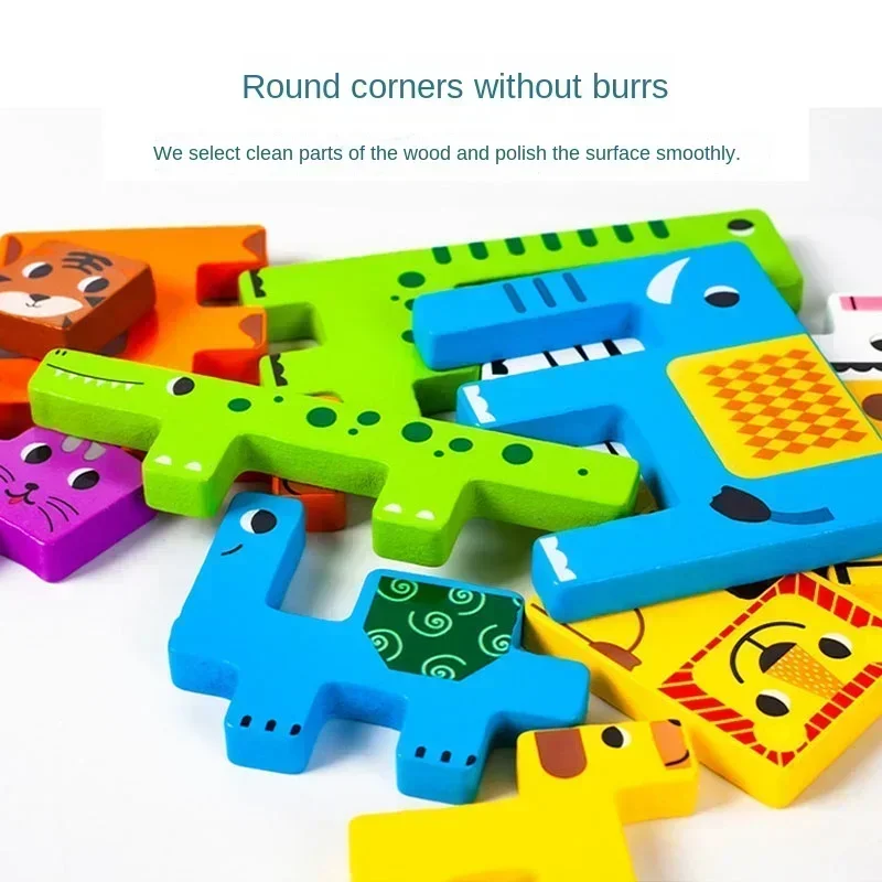 Montessori Cartoon 3D Puzzle Wooden Tangram Math Toy Cube Game Children Pre-school Magination Shapes Puzzle Educational Toy Kids