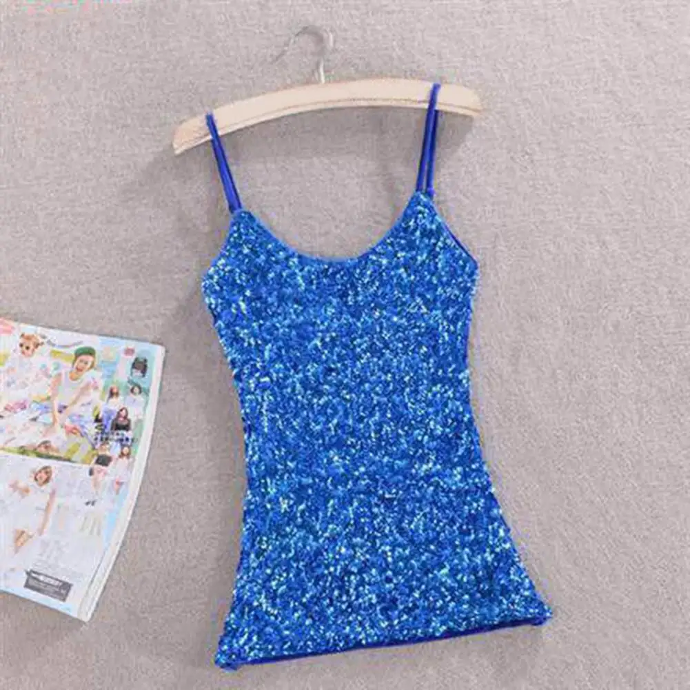 Skin-friendly Sequin Outfit Sequin Spaghetti Strap Tank Top for Women Shiny O Neck Slim Fit Vest with Adjustable Straps Soft