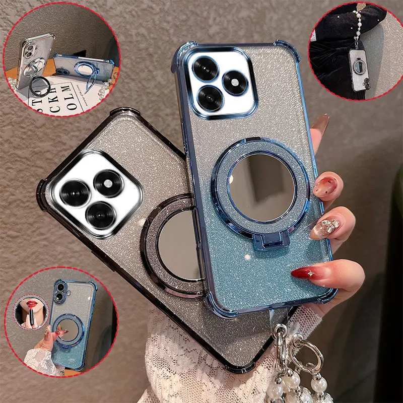 Bling Glitter Lipstick Mirror Phone Case with Pearl Chain - Anti-Drop Shockproof Cover