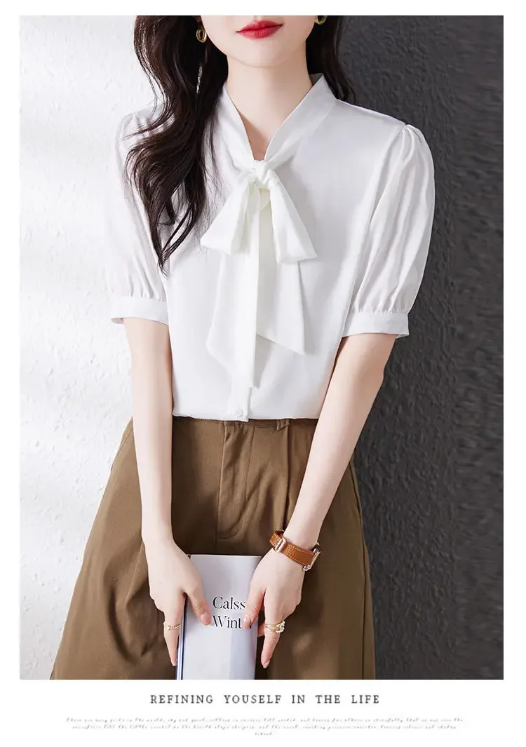 Sommer Design Sinn Schal Hals Bogen Casual Kurzarm Shirt Frauen Solide Temperament Licht und Reife Pendeln Vielseitig Top – Detail 20