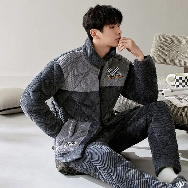 Winter Men's Pajamas Three-Layer Quilted Thickened Velvet Coral Fleece Youth Homewear Suit Stand-up Collar Thermal Nightclothes